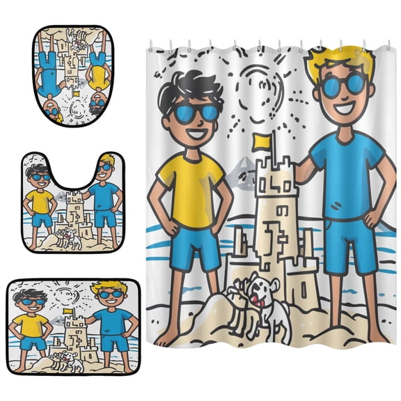 Kids Sand Castle Bathroom Accessory Curtain Sets Bath Curtain Anti-Slip Mats and Toilet Pad 66x72in
