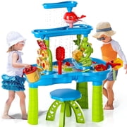 Kids Sand Water Table , 3-Tier Sand Table and Rain Showers Splash Pond Water Table Toys, Activity Sensory Play Table Beach Summer Outside Toy for Toddler Boys Girls