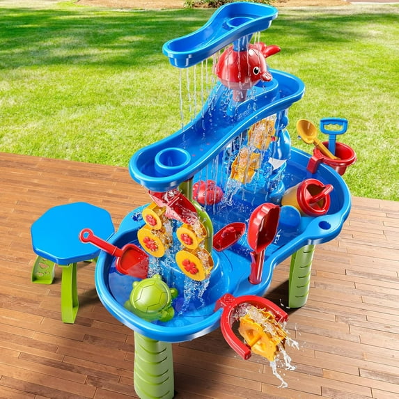 Kids Sand Water Table for Kids 3 4 5 6 7 8 Years Old - 3-Tier Summer Outdoor Toys, Water Waterfall Sensory Play Table with Beach Toy Accessories, Summer Activity Table Toddlers 3-4 3-5