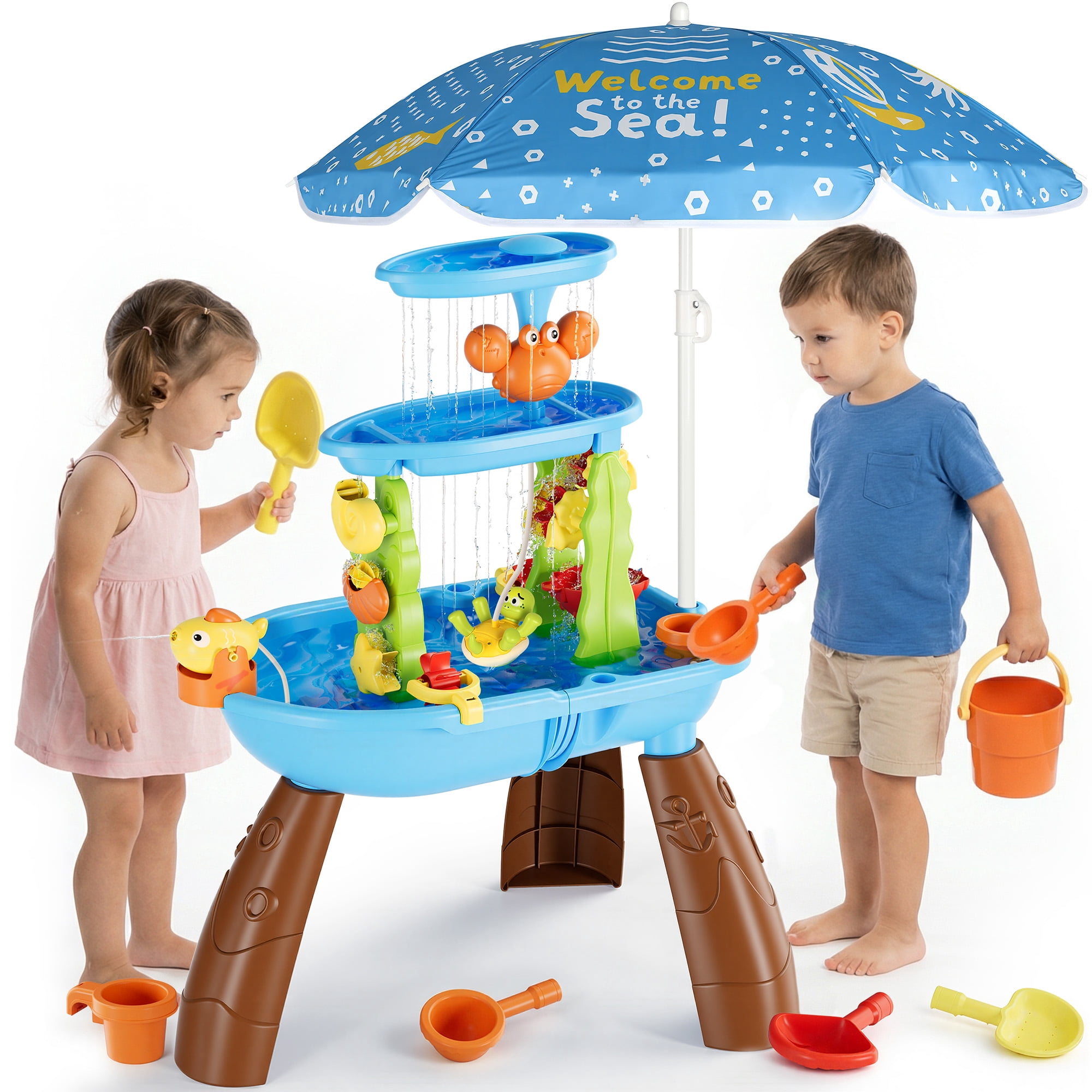Kids Sand Water Table for Toddlers with Umbrella/Water Pumb, 3-Tier Outdoor Water Sand Play Table Beach Toys, Summer Splash Activity Sensory Table Party Birthday Gift for Kids