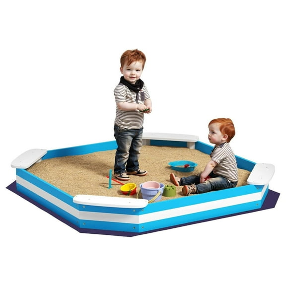 Kids Sandbox, Outdoor Wooden Sand Pit with 4 Corner Seats, Bottom Liner for Backyard, Garden, 52" x 52" x 6", Blue