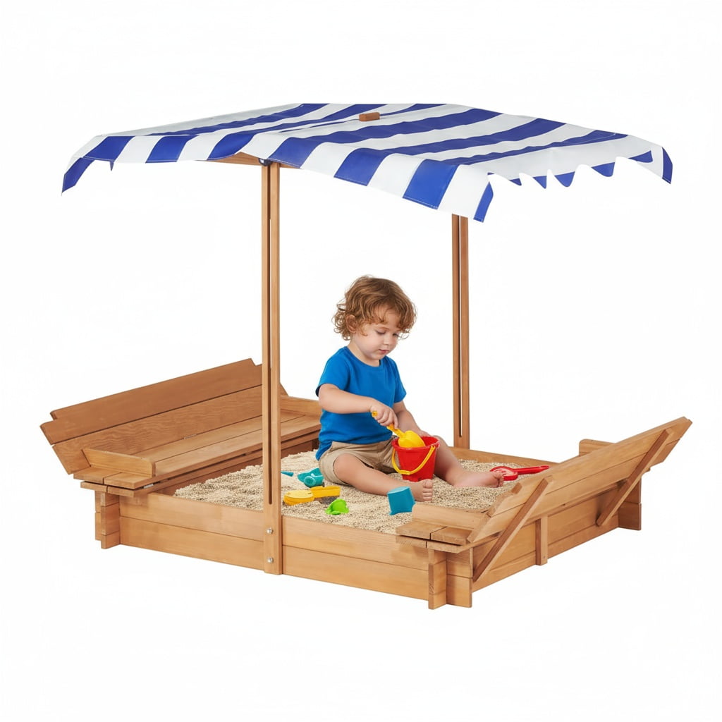 Kids Sandbox with Adjustable Canopy, 46'' Wooden Sand Box with 2 Foldable Bench Seats, Outdoor Cedar Sandpit for Backyard Play