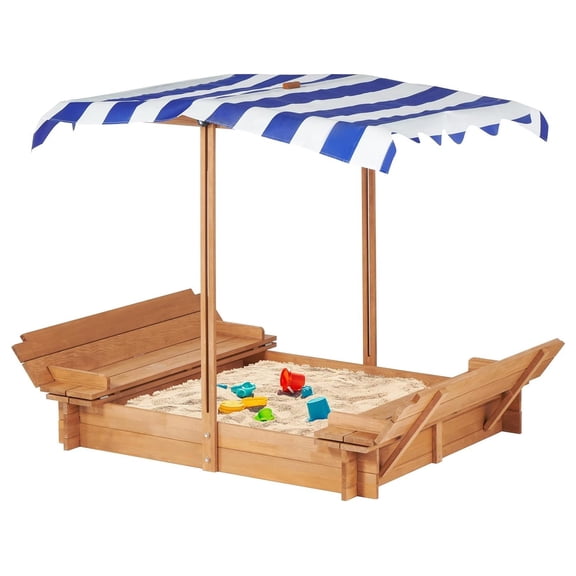 Kids Sandbox with Adjustable Cover, 46'' Wooden Sand Box with 2 Foldable Bench Seats, Outdoor Sandpit for Backyard Play