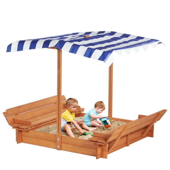 Kids Sandbox with Adjustable Cover and Foldable Bench Seats, 46''x46'' Outdoor Wooden Sandpit for Backyard Play