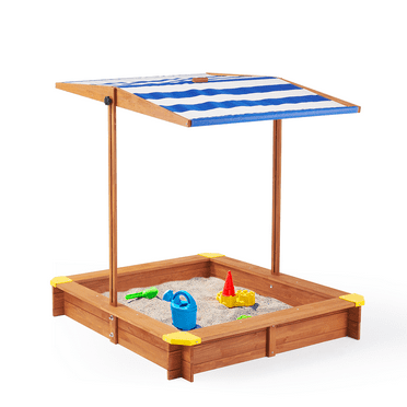 Kids Sandbox with Cover, 46" Wooden Sand Box w/Adjustable Canopy, Large Outdoor Cedar Sandpit for Backyard Play