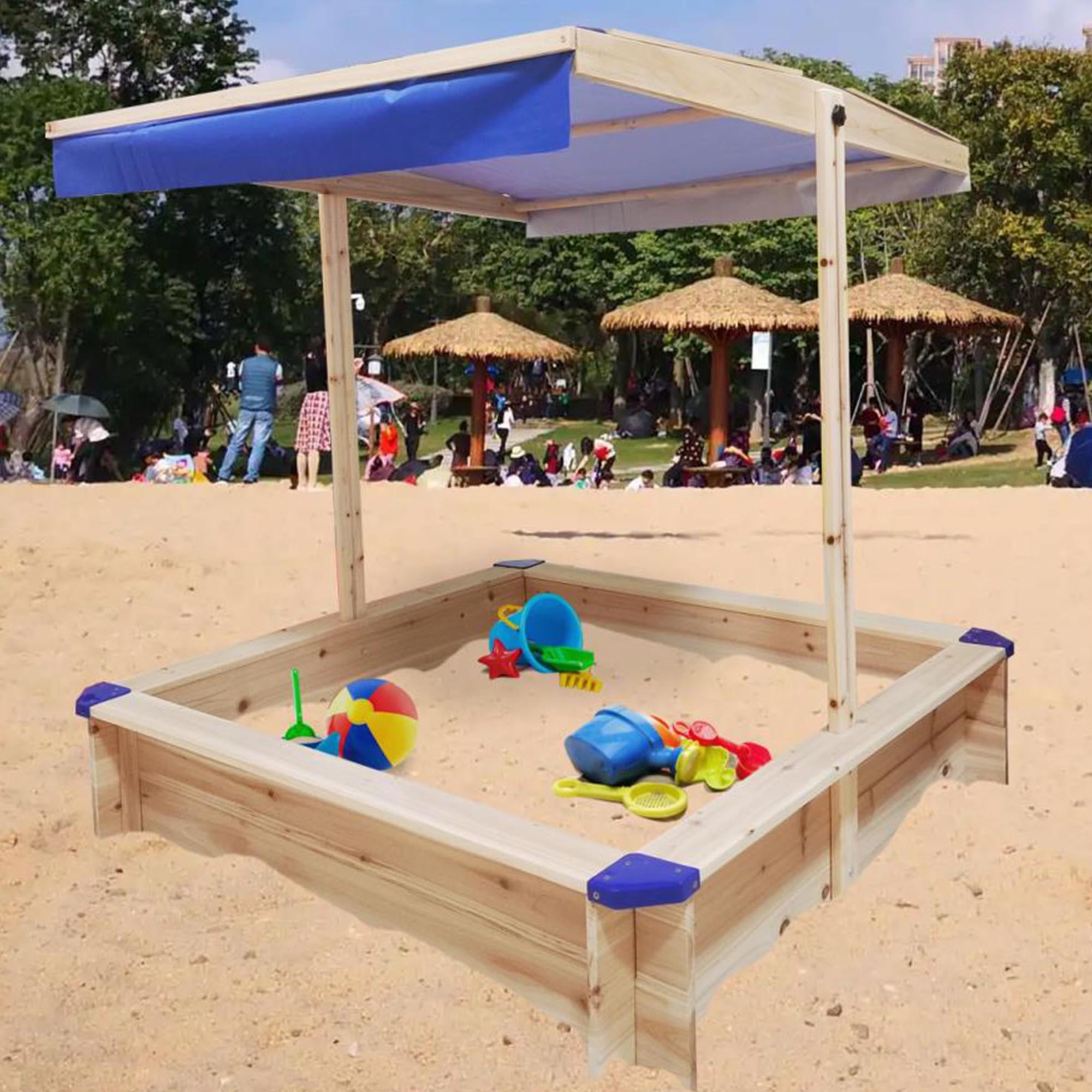 Kids Sandbox with Cover Canopy Adjustable, Wooden Sandbox with Bench