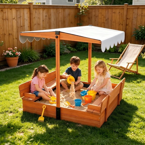 Kids Sandbox with Lid, Sand Box with Cover, Sandpit with Canopy, 2 Foldable Bench with Adjustable Roof Bottom Liner, Brown