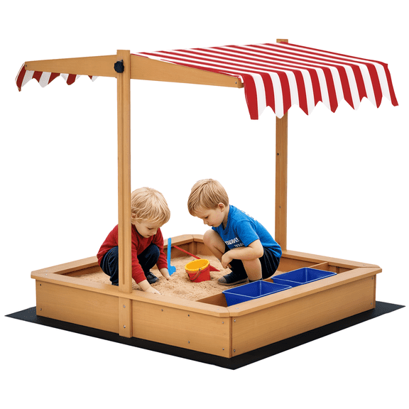 Kids Sandbox with Lid, Wooden Sandbox with Bench and Storage Bins for Outdoor Play