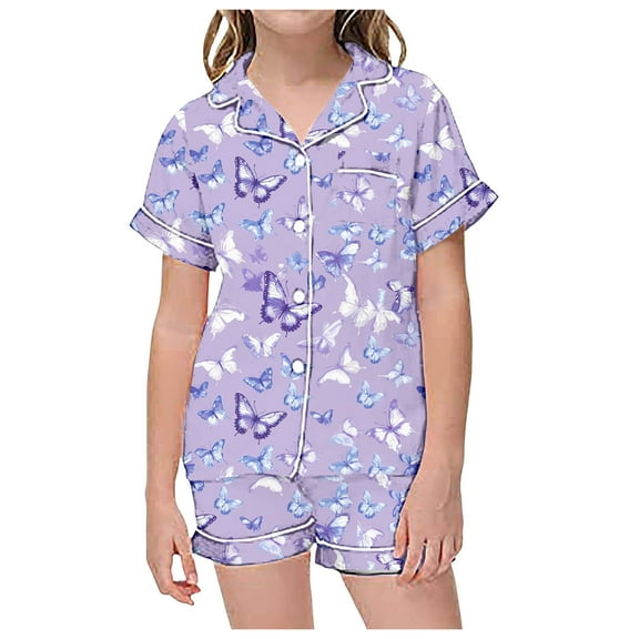 Kids Satin PJS Butterfly Printed Short Sleeve Button-Down Nightwear with Shorts Girls Summer PJS Girls PJS Size 10-11 Years