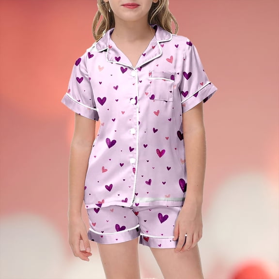 Kids Satin PJS Heart Print Short Sleeve Button Down Top Shorts Set Girl Summer Pajamas Girls PJS Size 8-9 Years