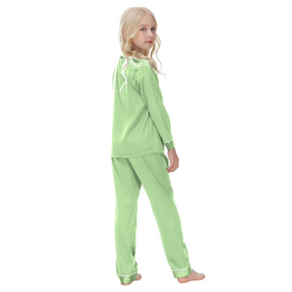Kids Satin Pajama Set, 2-Piece Long Sleeve Top and Pants Outfit for Boys & Girls 5-14 Years, Soft Comfortable Sleepwear for Spring Summer Nightwear, Family Matching Loungewear Light Green