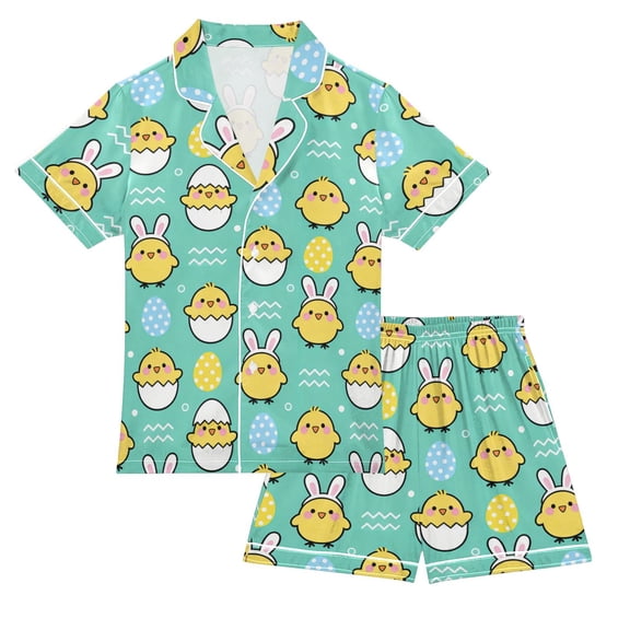 Kids Satin Pajama Set Button Down V-Neck Short Sleeve Nightwear Cute Cartoon Yellow Chick Sleepwear X-Large