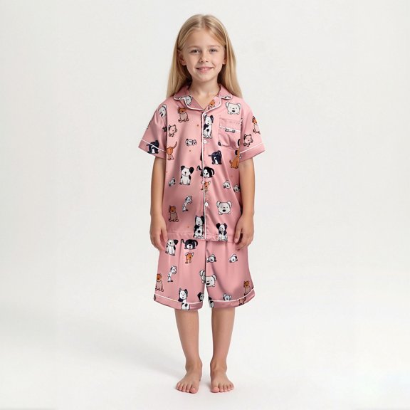Kids Satin Pajama Set Cute Cartoon Pjs Short Sleeve Button Down Shirts Soft Kids Pajama Sets 8-9 Years
