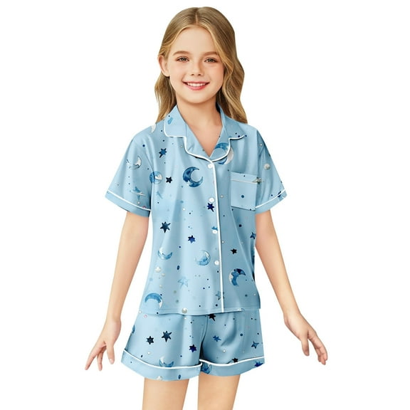 Kids Satin Pajama Set Cute Print 2 Piece Short Sleeve Button-Down Top Shorts Set Summer Fall Pajamas 6-7 Years Girl Pajamas