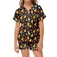 thumbnail image 1 of Kids Satin Pajama Set Fruit Print 2 Piece Set Short Sleeve Button-Down Shirts with Shorts Set Summer Fall Pajamas Kids Preppy Stuff for Girls 6-7 Years, 1 of 3