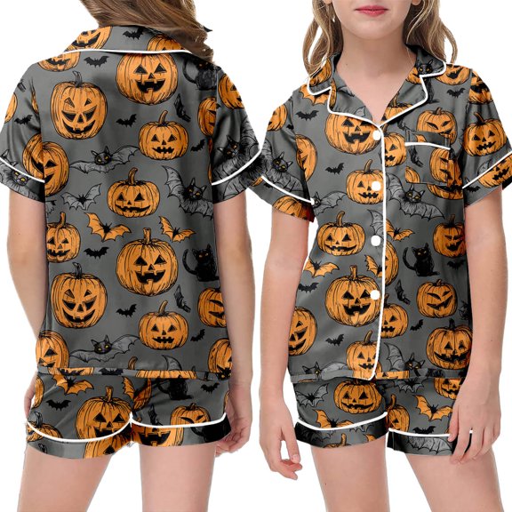 Kids Satin Pajama Set Halloween Pajamas Pumpkin Ghost Print Short Sleeve Button Down Shirts Fall Girl Pajamas Size 10-11 Years