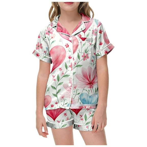 Kids Satin Pajama Set Heart Print Short Sleeve Button-Down Top Shorts Toddler Summer Pajamas Pajamas for Girls 8-9 Years