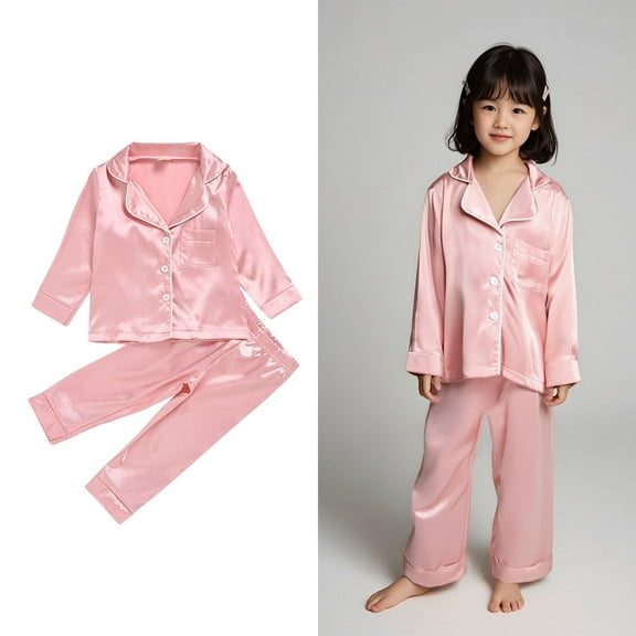 Kids Satin Pajama Set Kids Pink Pajamas Short Sleeve Button Down Sleepwear Comfy Toddler Pajamas Girls 3-4 Years