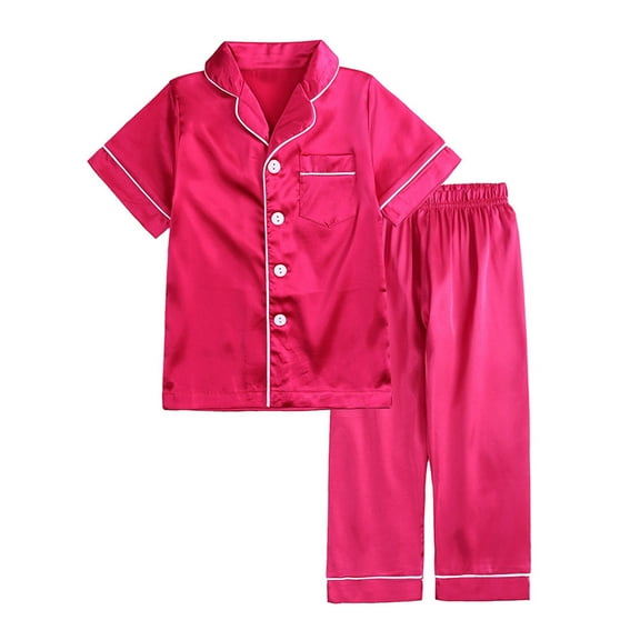 Kids Satin Pajama Sets, Unisex Boys and Girls Button Short Sleeve Shirts & Pants Sleepwear 2pc Loungewear Outfits Linen Pants Sets Lady 2 Piece Outfits 5Y