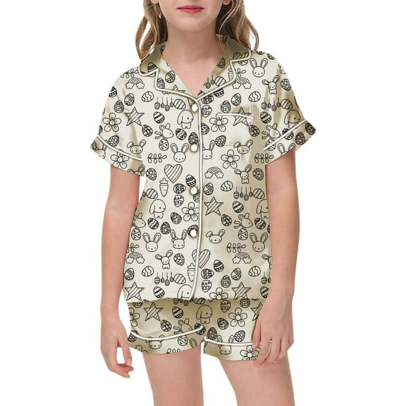 Kids Satin Pajamas Cute Print Button Down Sleepwear Set Sleepwear Loungewear Set Christmas Girls Pajamas 4-5 Years Kids Clothes