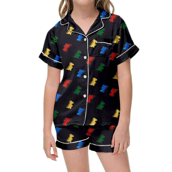 Kids Satin Pajamas For Girls Dinosaur Printed Button Down Solid Tops T Shirt Shorts 2PCS Summer Toddler Sleepwears Girls Pajama Sets Size 6-7
