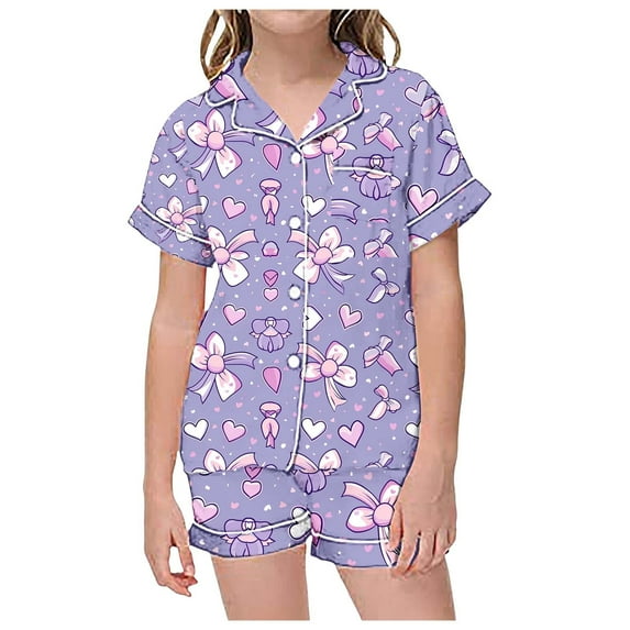 Kids Girls Silk Pajamas Set Bow Printed Button Down Tops With Shorts 2PCS Summer Girls Outfits Set Preppy Pajamas For Girls 8-10