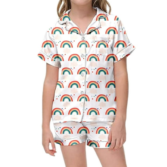 Kids Satin Pajamas Girls Boys Rainbow Printed Button Down Sleepwear With Shorts 2PCS Summer Toddler Sleepwears Pajamas For Girls 6-7