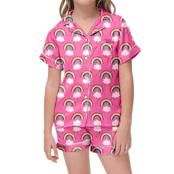 Kids Satin Pajamas Girls Boys Rainbow Printed Button Down Solid Tops T Shirt Shorts 2PCS Summer Silk Pajamas Outfits Pajamas Girls 6-7
