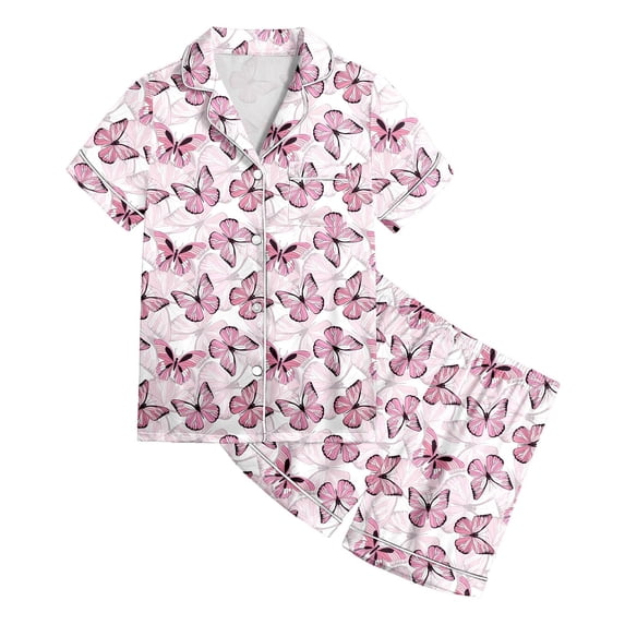 Kids Satin Pajamas Girls Butterfly Pajamas Button Down and Pants 2 Piece Short Sleeve Girls' Pajama Sets Girls Pajamas for Girls 8-9 Years