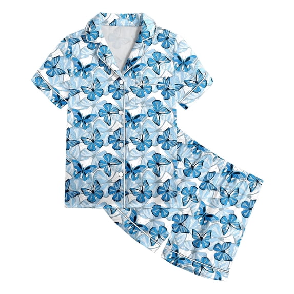 Kids Satin Pajamas Girls Butterfly Pajamas Button Down and Pants 2 Piece Short Sleeve Pajama Set Tween Pajamas for Girls 12-13 Years