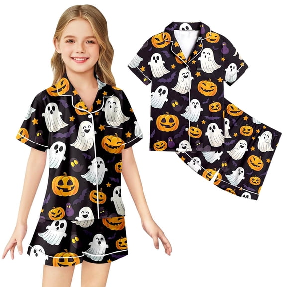 Kids Satin Pajamas Halloween Pajamas Pumpkin Print Short Sleeve Button Down Shirts Soft Kids Matching Pajamas 4-5 Years