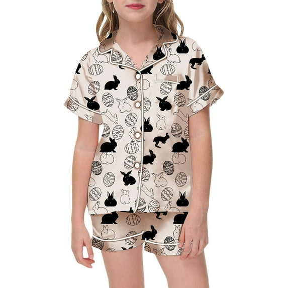 Kids Satin Pajamas Kids Girls Boys Bunny Summer Sleepwear Button Down Shorts Set Classic Pajamas Set Cute Pjs For Girls 10-11 Years