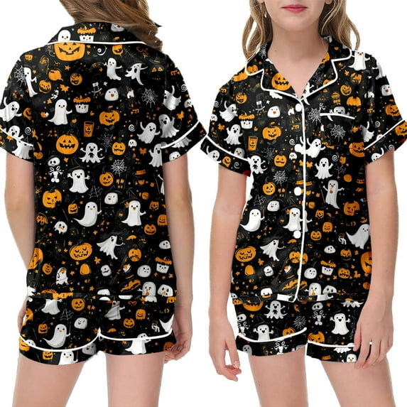 Kids Satin Pajamas Kids Halloween Pajamas Pumpkin Ghost Print Short Sleeve Button Down Sleepwear Soft Kids Pajama Sets 6-7 Years