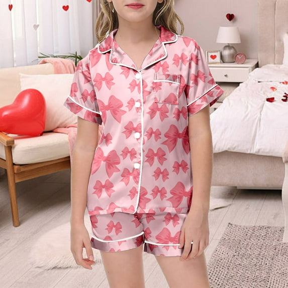 Kids Satin Pajamas Set Girls Button Down Short Sleeve Pjs Bow Print Fashion Sleepwear Set 2 Piece Summer Pajama Outfits Pink,160