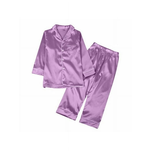 Kids Satin Pajamas Set Long Sleeve Button-Down 2-Pieces Soft Pajamas Sleepwear Loungewear 7-10 Years Boys Girls