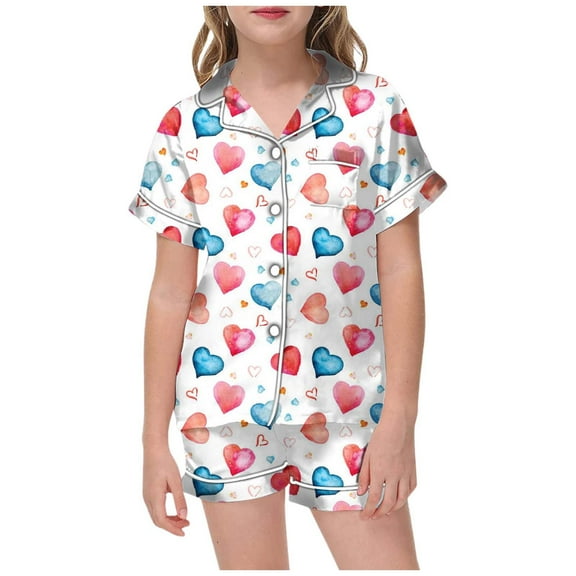 Kids Satin Pajamas Sets Baby Boy Girl Button-Down Silk Sleepwear 2 Piece Short Sleeve Loungewear Clothes Set Valentine's Day