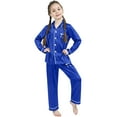 thumbnail image 1 of Kids Satin Pajamas Sets Baby Boy Girl Button Down Silk Sleepwear 2 Piece Long Sleeve Loungewear Clothes Set Easter Valentines Pajamas Set Sleepwear Soft Pj Lounge Sets 3-14Y Dark Blue,160=13-14Y, 1 of 3