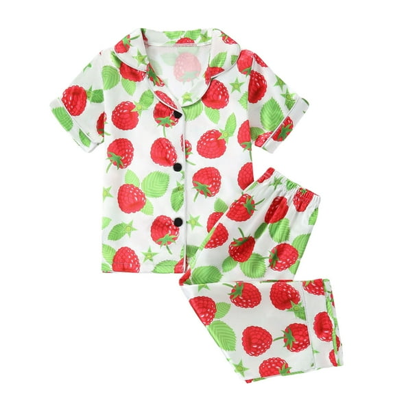 Kids Satin Pajamas Sets Girl Strawberry Print Button-Down Sleepwear 2 Piece Short Sleeve Top and Long Pants Casual Loungewear Clothes Set