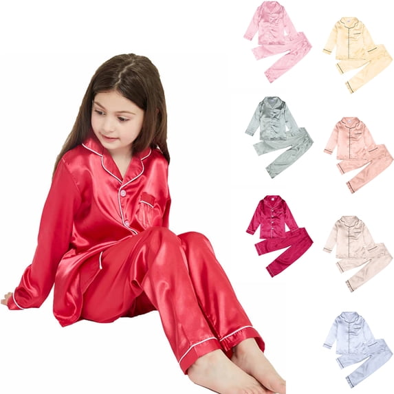 Kids Satin Pajamas Sets Silk Pjs for Girls Long Sleeve Button Down Sleepwear 2 Piece Loungewear Clothes Set