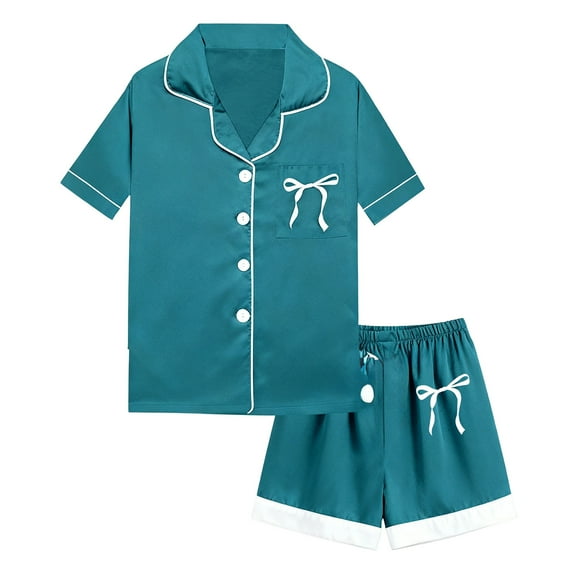 Kids Satin Pajamas for Boy Bow Print Short Sleeve Button Down Loungewear with Shorts Set Kids Pajamas Nightgown Size 10-11 years Boys Pajamas