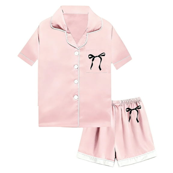 Kids Satin Pajamas for Boy Bow Print Short Sleeve Button Down Top Shorts Set Pajamas Sleepwear Outfits 4-5 years Pajamas Girls