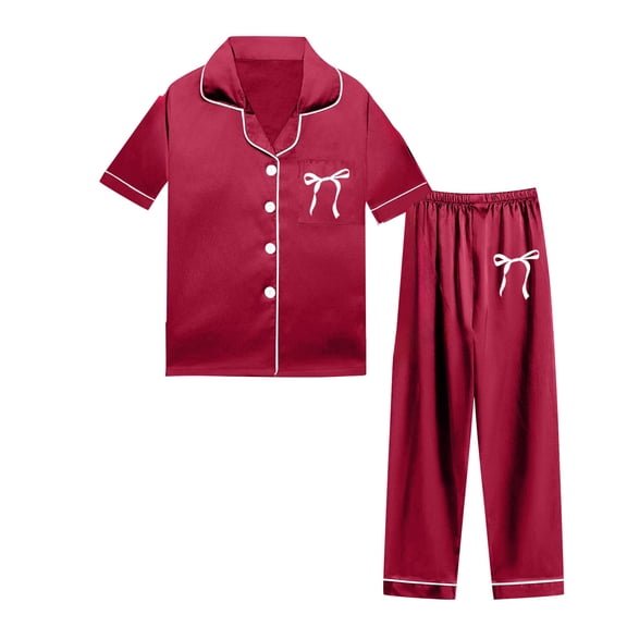 Kids Satin Pajamas for Boy Bowknot Print Short Sleeve Button Down Top Pants Set Sleepwear Loungewear Set 7-8 years Pajamas Boy