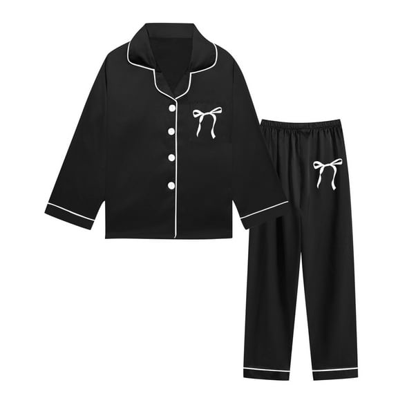 Kids Satin Pajamas for Boys Bowknot Print Long Sleeve Button Down Loungewear with Pants Set Toddler Nightgown Girls Silk Pajamas Size 5-6 Years