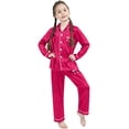 thumbnail image 1 of Kids Satin Pajamas for Girl Bow Print Long Sleeve Button Down Top Pants Set Toddler Sleepwears 9-10 Years Pajamas Girls, 1 of 3