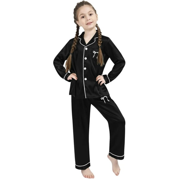 Kids Satin Pajamas for Girls Bow Print Long Sleeve Button Down Nightwear with Pants Set Pjs Sleepwear Outfits 7-8 Years Pajamas Girls