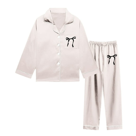Kids Satin Pajamas for Girls Bowknot Print Long Sleeve Button Down Loungewear with Pants Set Toddler Nightgown Girl Clothes Size 7-8 Years