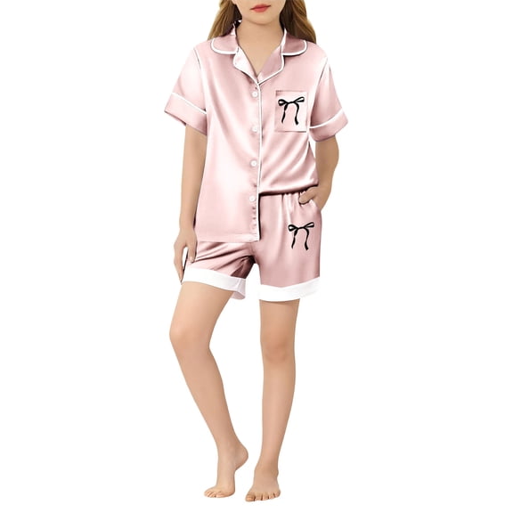 Kids Satin Pajamas for Girls Bowknot Print Short Sleeve Button Down Top Shorts Set Pjs Sleepwear Outfits Preppy Stuff for Girls 6-7 years