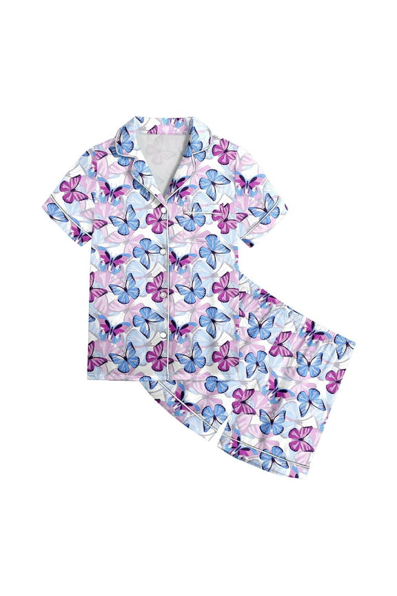 Kids Satin Pajamas for Girls Butterfly Printed Short Sleeve Button-Down Top Shorts Set Girls Summer Clothes Cute Clothes for Girls 4T