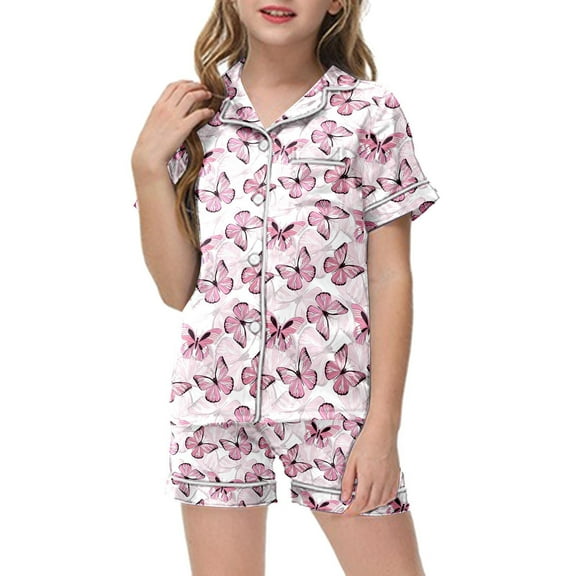 Kids Girls Silk Pajamas Butterfly Printed Short Sleeve Button-Down Top Shorts Girl Summer Pajamas Cute PJS for Girls 8-9 Years