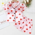 thumbnail image 1 of Kids Satin Pajamas for Girls Cute Heart Printed Short Sleeve Button Down Nightwear with Shorts Girls Summer Pajamas Girls PJS Size 5T, 1 of 8